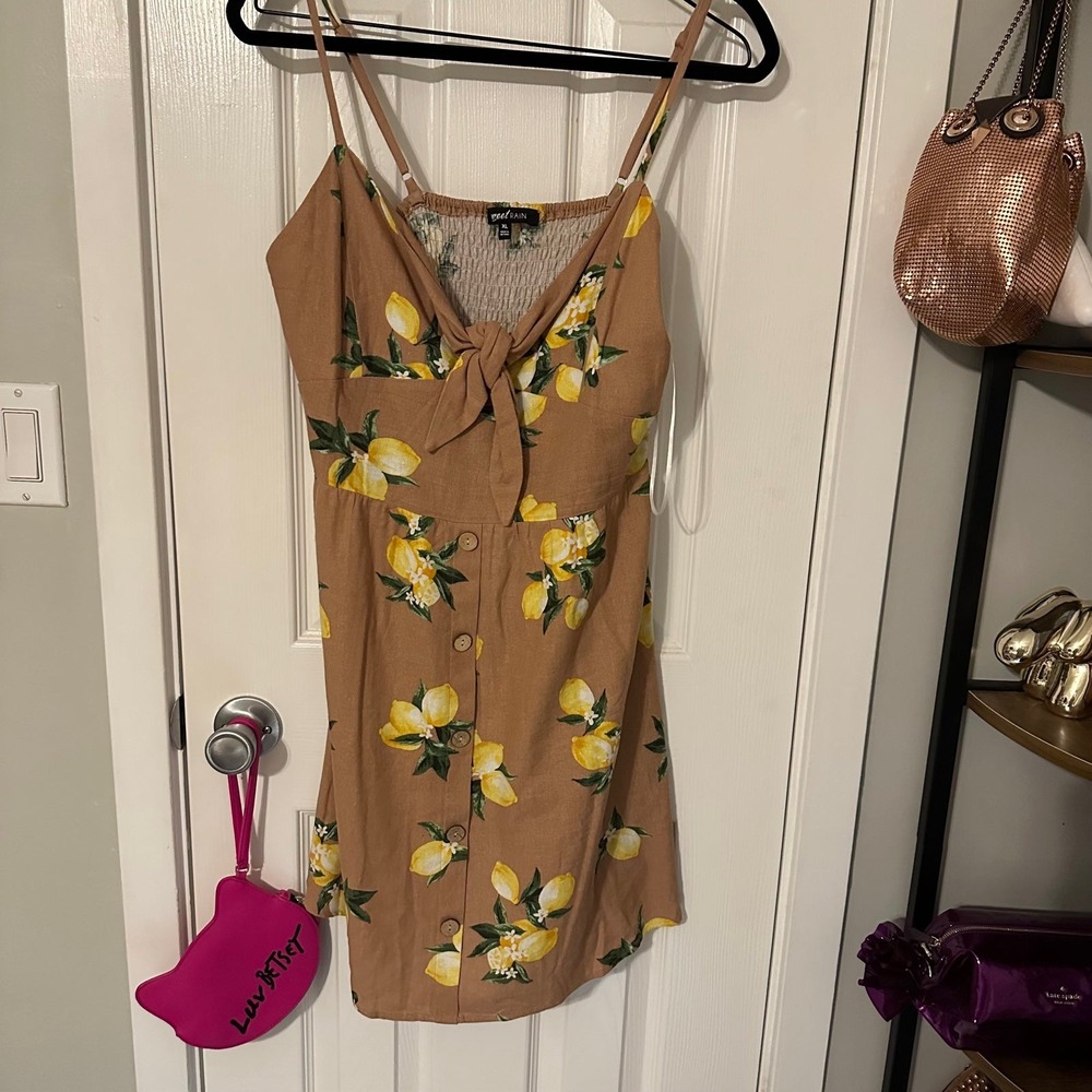 Sweet Rain Lemon Print Tie Front Midi Dress Brown Yellow Size XL Cottagecore